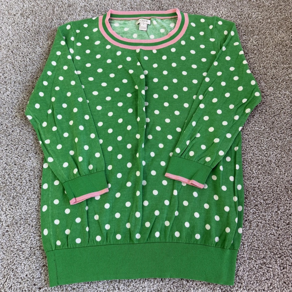 J.Crew Sweater Womens Medium Green Polka Dot Crew Neck Tight-Knit Pullover